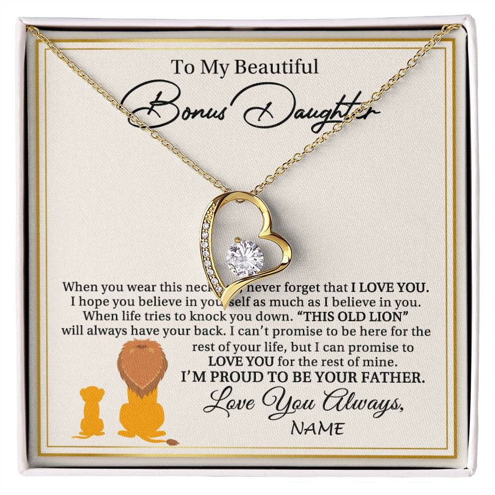 Forever Love Necklace 18K Yellow Gold Finish | 1 | Personalized To My Bonus Daughter Necklace From Stepdad I'M Proud To Be Your Father Lion Stepdaughter Birthday Christmas Customized Gift Box Message Card | siriusteestore