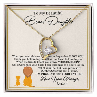 Forever Love Necklace 18K Yellow Gold Finish | 1 | Personalized To My Bonus Daughter Necklace From Stepdad I'M Proud To Be Your Father Lion Stepdaughter Birthday Christmas Customized Gift Box Message Card | siriusteestore