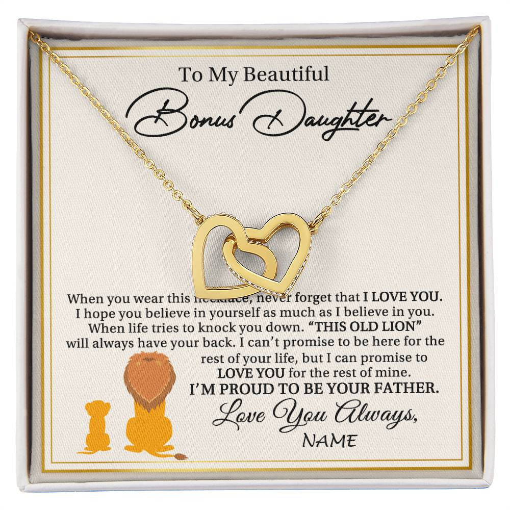 Interlocking Hearts Necklace 18K Yellow Gold Finish | 1 | Personalized To My Bonus Daughter Necklace From Stepdad I'M Proud To Be Your Father Lion Stepdaughter Birthday Christmas Customized Gift Box Message Card | siriusteestore