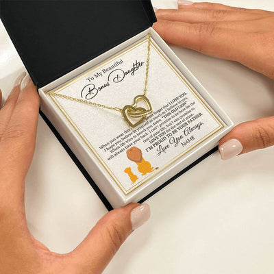 Interlocking Hearts Necklace 18K Yellow Gold Finish | 2 | Personalized To My Bonus Daughter Necklace From Stepdad I'M Proud To Be Your Father Lion Stepdaughter Birthday Christmas Customized Gift Box Message Card | siriusteestore