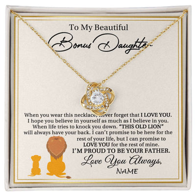 Love Knot Necklace 18K Yellow Gold Finish | 1 | Personalized To My Bonus Daughter Necklace From Stepdad I'M Proud To Be Your Father Lion Stepdaughter Birthday Christmas Customized Gift Box Message Card | siriusteestore
