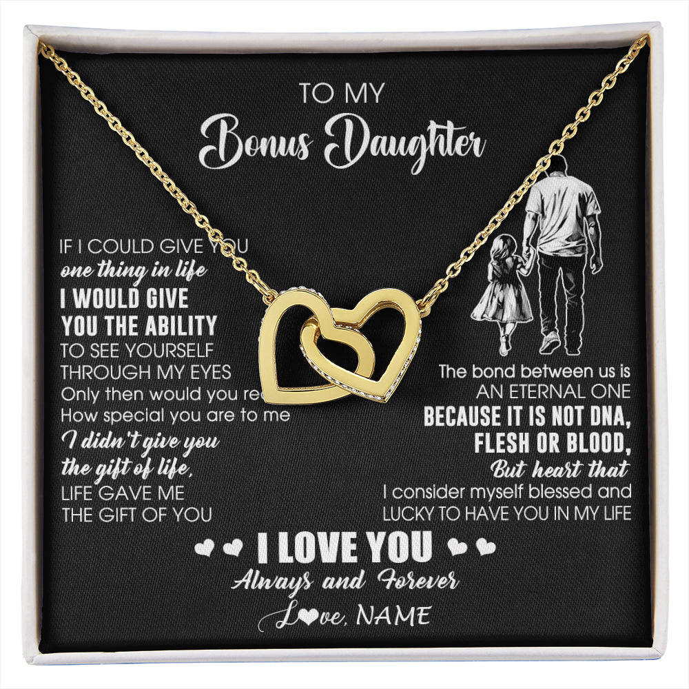 Interlocking Hearts Necklace 18K Yellow Gold Finish | 1 | Personalized To My Bonus Daughter Necklace From Stepdad It Is Not DNA I Love You Birthday Gifts Meaningful Christmas Customized Gift Box Message Card | siriusteestore