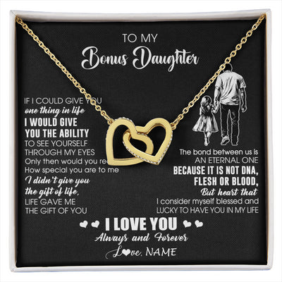 Interlocking Hearts Necklace 18K Yellow Gold Finish | 1 | Personalized To My Bonus Daughter Necklace From Stepdad It Is Not DNA I Love You Birthday Gifts Meaningful Christmas Customized Gift Box Message Card | siriusteestore