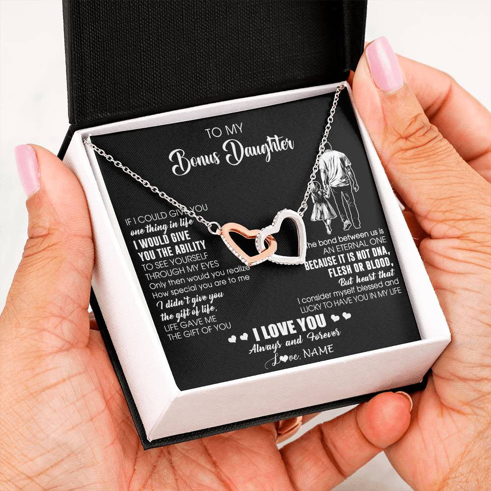 Interlocking Hearts Necklace Stainless Steel & Rose Gold Finish | 2 | Personalized To My Bonus Daughter Necklace From Stepdad It Is Not DNA I Love You Birthday Gifts Meaningful Christmas Customized Gift Box Message Card | siriusteestore