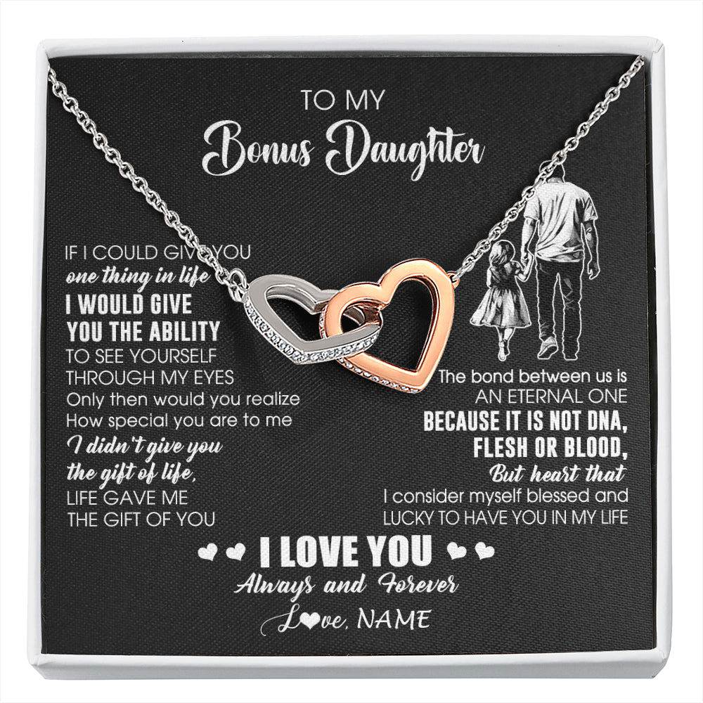 Interlocking Hearts Necklace Stainless Steel & Rose Gold Finish | 1 | Personalized To My Bonus Daughter Necklace From Stepdad It Is Not DNA I Love You Birthday Gifts Meaningful Christmas Customized Gift Box Message Card | siriusteestore