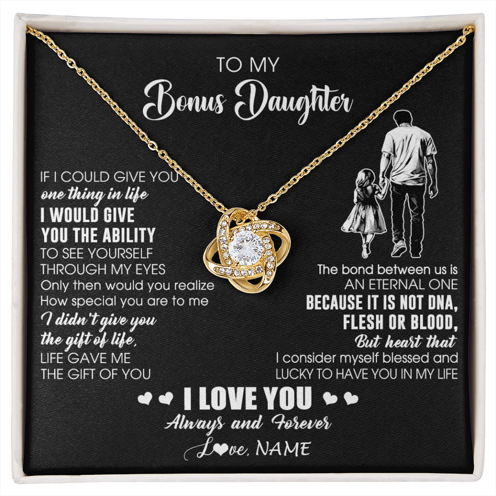 Love Knot Necklace 18K Yellow Gold Finish | 1 | Personalized To My Bonus Daughter Necklace From Stepdad It Is Not DNA I Love You Birthday Gifts Meaningful Christmas Customized Gift Box Message Card | siriusteestore