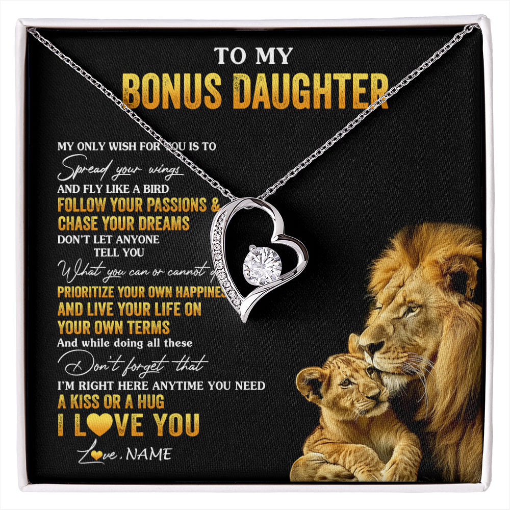 Forever Love Necklace 14K White Gold Finish | 1 | Personalized To My Bonus Daughter Necklace From Stepdad Lion My Only Wish For You Stepdaughter Birthday Graduation Christmas Customized Gift Box Message Card | siriusteestore