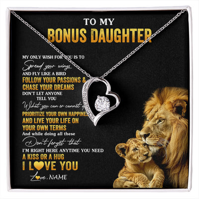Forever Love Necklace 14K White Gold Finish | 1 | Personalized To My Bonus Daughter Necklace From Stepdad Lion My Only Wish For You Stepdaughter Birthday Graduation Christmas Customized Gift Box Message Card | siriusteestore
