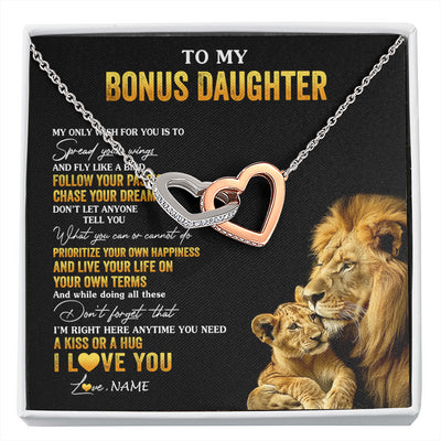 Interlocking Hearts Necklace Stainless Steel & Rose Gold Finish | 1 | Personalized To My Bonus Daughter Necklace From Stepdad Lion My Only Wish For You Stepdaughter Birthday Graduation Christmas Customized Gift Box Message Card | siriusteestore
