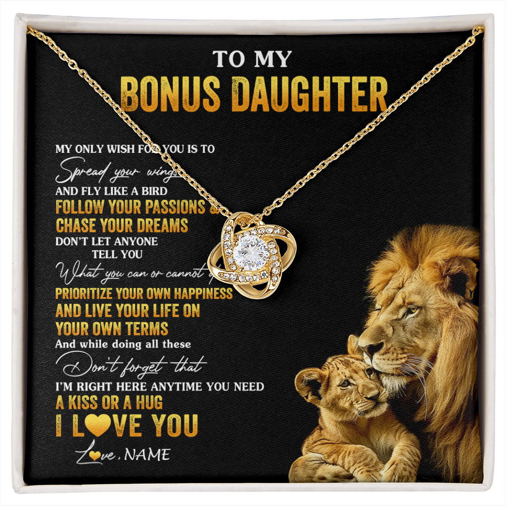 Love Knot Necklace 18K Yellow Gold Finish | 1 | Personalized To My Bonus Daughter Necklace From Stepdad Lion My Only Wish For You Stepdaughter Birthday Graduation Christmas Customized Gift Box Message Card | siriusteestore