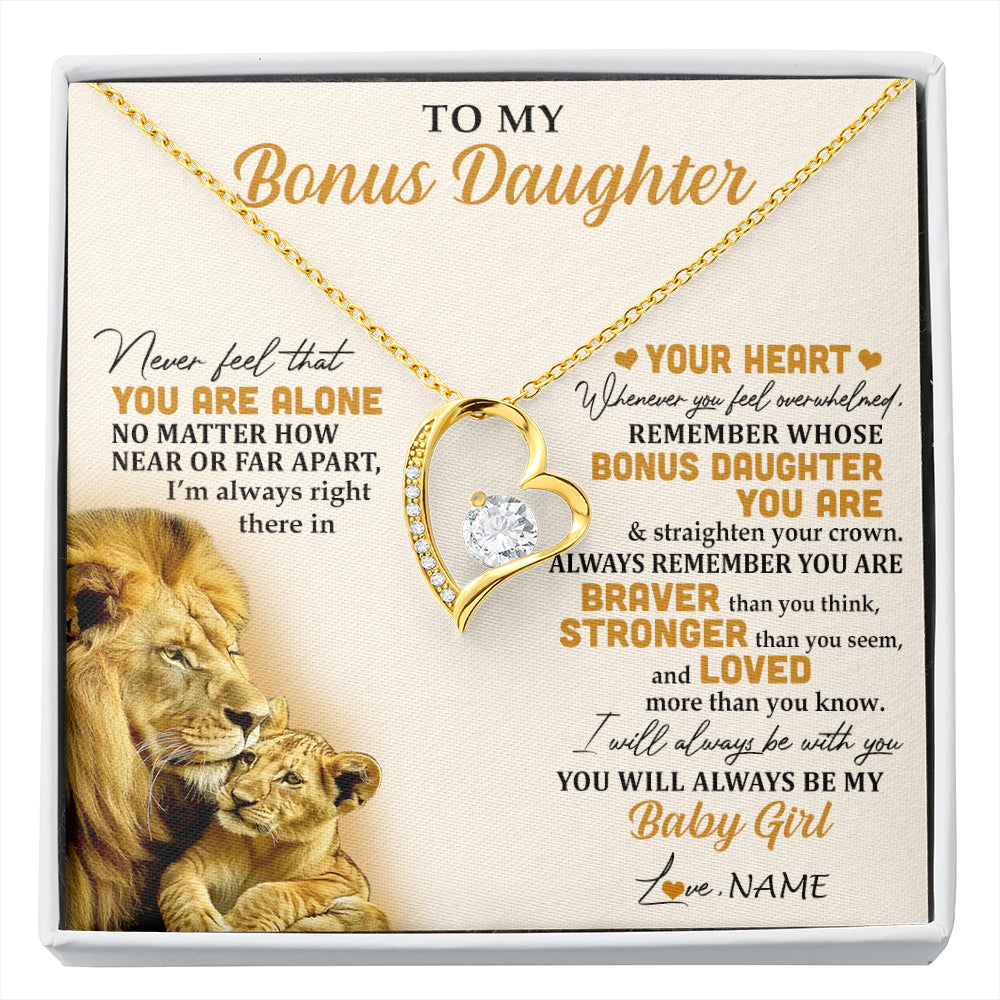 Forever Love Necklace 18K Yellow Gold Finish | 1 | Personalized To My Bonus Daughter Necklace From Stepdad Lion Never Feel You Are Alone Great Stepdaughter Birthday Christmas Customized Gift Box Message Card | siriusteestore
