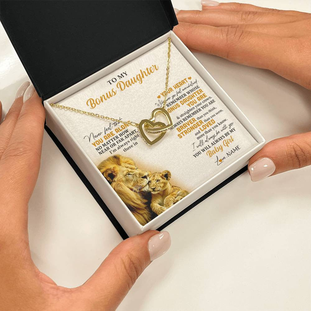 Interlocking Hearts Necklace 18K Yellow Gold Finish | 2 | Personalized To My Bonus Daughter Necklace From Stepdad Lion Never Feel You Are Alone Great Stepdaughter Birthday Christmas Customized Gift Box Message Card | siriusteestore