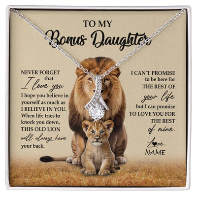 Alluring Beauty Necklace 14K White Gold Finish | 1 | Personalized To My Bonus Daughter Necklace From Stepdad Lion Never Forget That I Love You Stepdaughter Jewelry Birthday Christmas Customized Message Card | siriusteestore