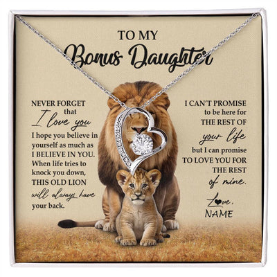 Forever Love Necklace 14K White Gold Finish | 1 | Personalized To My Bonus Daughter Necklace From Stepdad Lion Never Forget That I Love You Stepdaughter Jewelry Birthday Christmas Customized Message Card | siriusteestore