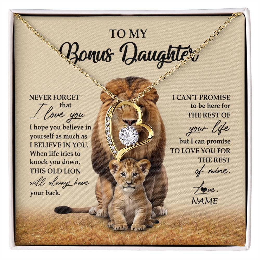 Forever Love Necklace 18K Yellow Gold Finish | 1 | Personalized To My Bonus Daughter Necklace From Stepdad Lion Never Forget That I Love You Stepdaughter Jewelry Birthday Christmas Customized Message Card | siriusteestore