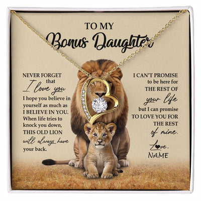 Forever Love Necklace 18K Yellow Gold Finish | 1 | Personalized To My Bonus Daughter Necklace From Stepdad Lion Never Forget That I Love You Stepdaughter Jewelry Birthday Christmas Customized Message Card | siriusteestore