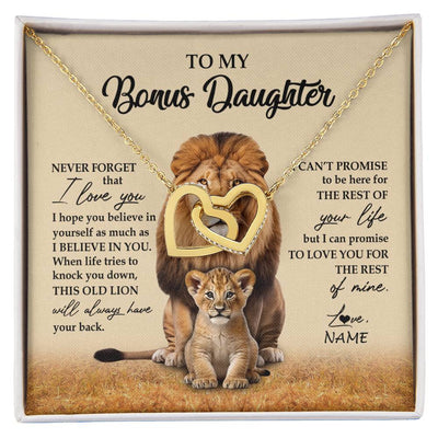 Interlocking Hearts Necklace 18K Yellow Gold Finish | 1 | Personalized To My Bonus Daughter Necklace From Stepdad Lion Never Forget That I Love You Stepdaughter Jewelry Birthday Christmas Customized Message Card | siriusteestore