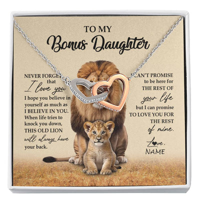 Interlocking Hearts Necklace Stainless Steel & Rose Gold Finish | 1 | Personalized To My Bonus Daughter Necklace From Stepdad Lion Never Forget That I Love You Stepdaughter Jewelry Birthday Christmas Customized Message Card | siriusteestore