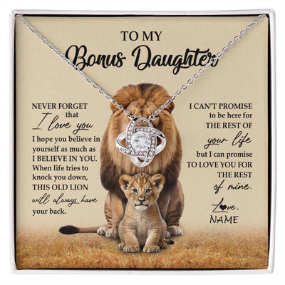 Love Knot Necklace 14K White Gold Finish | 1 | Personalized To My Bonus Daughter Necklace From Stepdad Lion Never Forget That I Love You Stepdaughter Jewelry Birthday Christmas Customized Message Card | siriusteestore