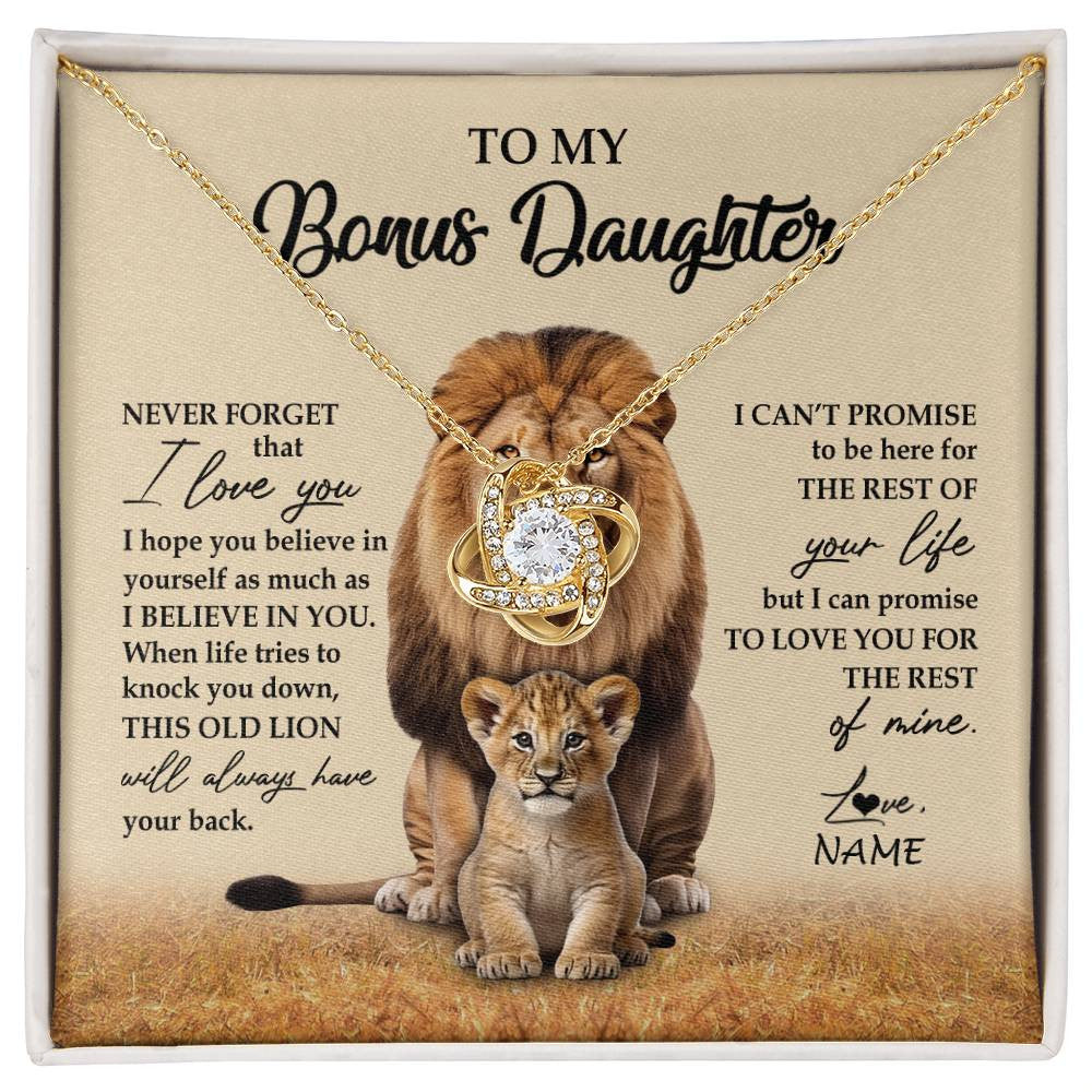 Love Knot Necklace 18K Yellow Gold Finish | 1 | Personalized To My Bonus Daughter Necklace From Stepdad Lion Never Forget That I Love You Stepdaughter Jewelry Birthday Christmas Customized Message Card | siriusteestore