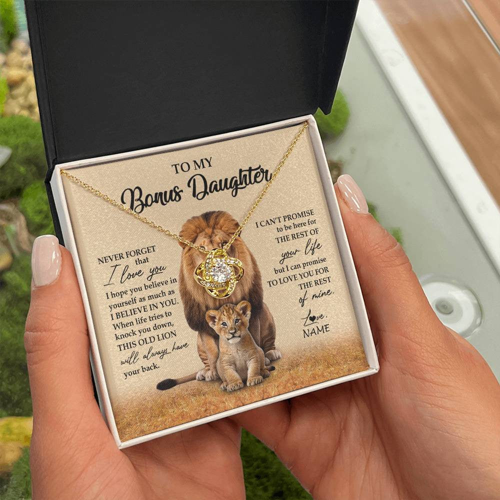 Love Knot Necklace 18K Yellow Gold Finish | 2 | Personalized To My Bonus Daughter Necklace From Stepdad Lion Never Forget That I Love You Stepdaughter Jewelry Birthday Christmas Customized Message Card | siriusteestore