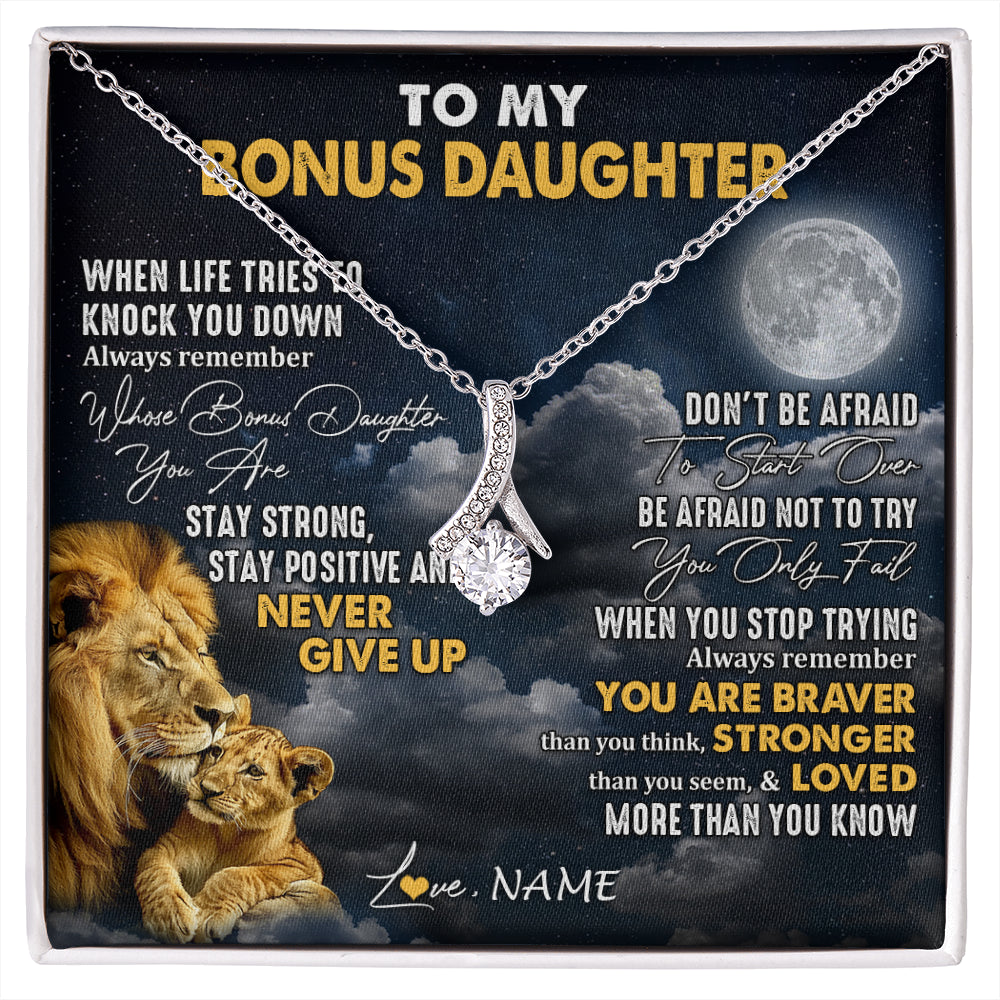 Alluring Beauty Necklace 14K White Gold Finish | 1 | Personalized To My Bonus Daughter Necklace From Stepdad Lion Never Give Up Stepdaughter Birthday Graduation Christmas Customized Gift Box Message Card | siriusteestore
