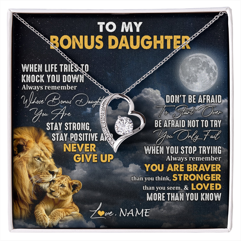 Forever Love Necklace 14K White Gold Finish | 1 | Personalized To My Bonus Daughter Necklace From Stepdad Lion Never Give Up Stepdaughter Birthday Graduation Christmas Customized Gift Box Message Card | siriusteestore