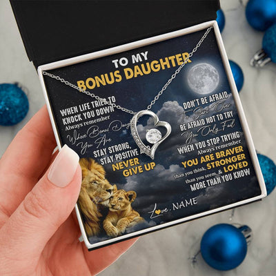 Forever Love Necklace 14K White Gold Finish | 2 | Personalized To My Bonus Daughter Necklace From Stepdad Lion Never Give Up Stepdaughter Birthday Graduation Christmas Customized Gift Box Message Card | siriusteestore