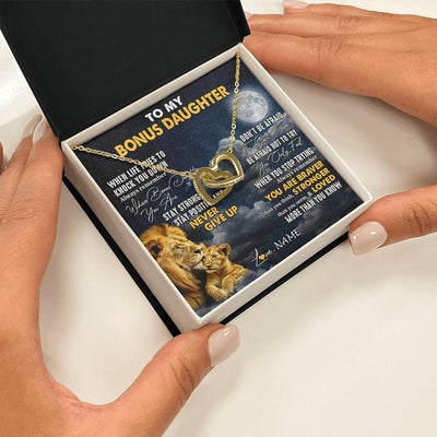 Interlocking Hearts Necklace 18K Yellow Gold Finish | 2 | Personalized To My Bonus Daughter Necklace From Stepdad Lion Never Give Up Stepdaughter Birthday Graduation Christmas Customized Gift Box Message Card | siriusteestore