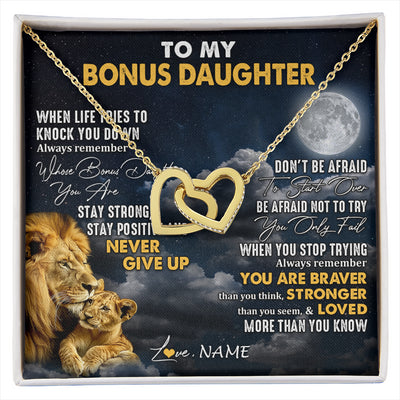 Interlocking Hearts Necklace 18K Yellow Gold Finish | 1 | Personalized To My Bonus Daughter Necklace From Stepdad Lion Never Give Up Stepdaughter Birthday Graduation Christmas Customized Gift Box Message Card | siriusteestore