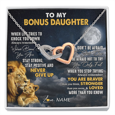 Interlocking Hearts Necklace Stainless Steel & Rose Gold Finish | 1 | Personalized To My Bonus Daughter Necklace From Stepdad Lion Never Give Up Stepdaughter Birthday Graduation Christmas Customized Gift Box Message Card | siriusteestore