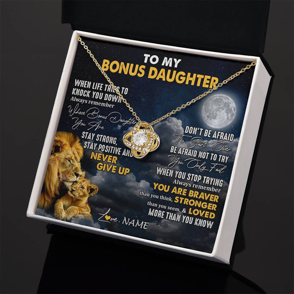 Love Knot Necklace 18K Yellow Gold Finish | 2 | Personalized To My Bonus Daughter Necklace From Stepdad Lion Never Give Up Stepdaughter Birthday Graduation Christmas Customized Gift Box Message Card | siriusteestore