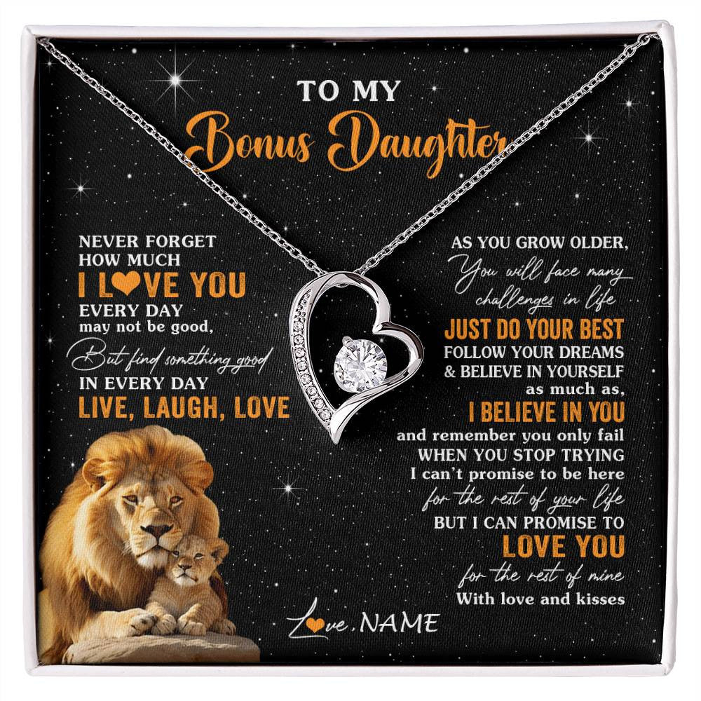 Forever Love Necklace 14K White Gold Finish | 1 | Personalized To My Bonus Daughter Necklace From Stepdad Live Laugh Love Lion Stepdaughter Birthday Gifts Positive Christmas Customized Gift Box Message Card | siriusteestore