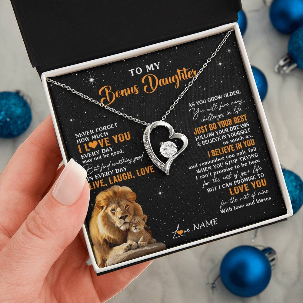 Forever Love Necklace 14K White Gold Finish | 2 | Personalized To My Bonus Daughter Necklace From Stepdad Live Laugh Love Lion Stepdaughter Birthday Gifts Positive Christmas Customized Gift Box Message Card | siriusteestore