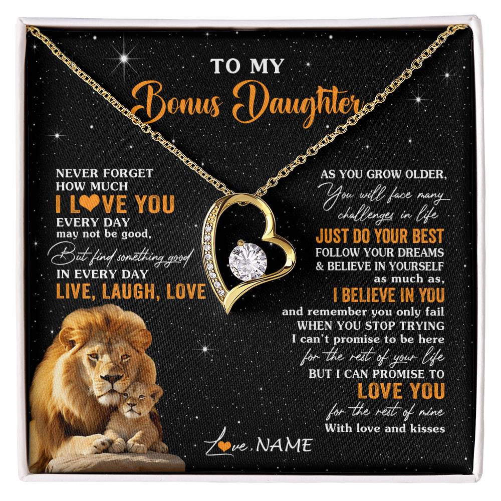 Forever Love Necklace 18K Yellow Gold Finish | 1 | Personalized To My Bonus Daughter Necklace From Stepdad Live Laugh Love Lion Stepdaughter Birthday Gifts Positive Christmas Customized Gift Box Message Card | siriusteestore