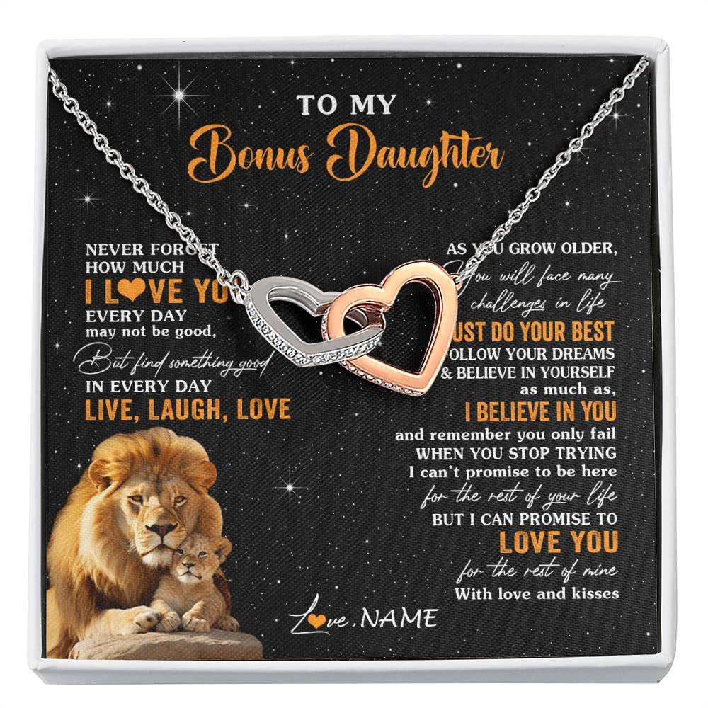 Interlocking Hearts Necklace Stainless Steel & Rose Gold Finish | 1 | Personalized To My Bonus Daughter Necklace From Stepdad Live Laugh Love Lion Stepdaughter Birthday Gifts Positive Christmas Customized Gift Box Message Card | siriusteestore