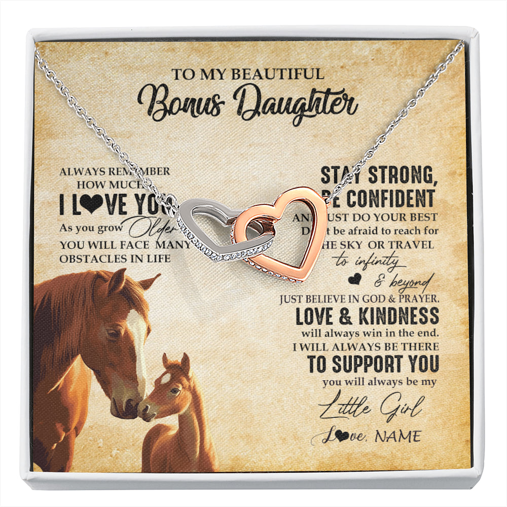 Interlocking Hearts Necklace Stainless Steel & Rose Gold Finish | 1 | Personalized To My Bonus Daughter Necklace From Stepdad Mom Always Remember I Love You Horse Stepddaughter Birthday Christmas Customized Gift Box Message Card | siriusteestore