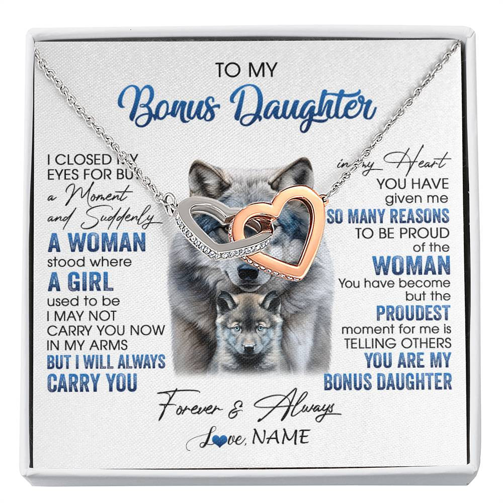 Interlocking Hearts Necklace Stainless Steel & Rose Gold Finish | 1 | Personalized To My Bonus Daughter Necklace From Stepdad Mom I Close My Eyes For But A Moment Wolf Birthday Gifts Christmas Customized Gift Box Message Card | siriusteestore