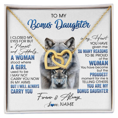 Interlocking Hearts Necklace 18K Yellow Gold Finish | 1 | Personalized To My Bonus Daughter Necklace From Stepdad Mom I Close My Eyes For But A Moment Wolf Birthday Gifts Christmas Customized Gift Box Message Card | siriusteestore
