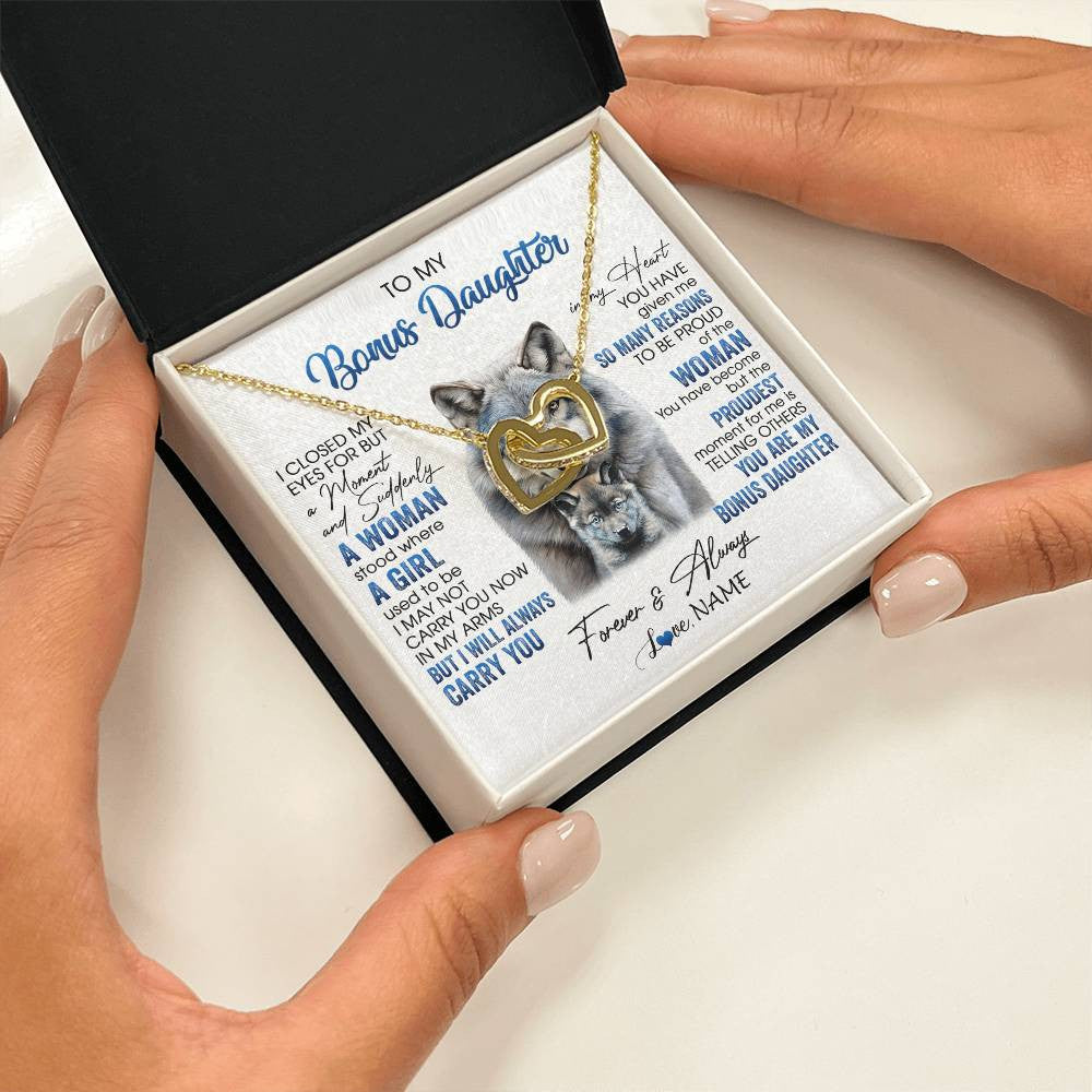 Interlocking Hearts Necklace 18K Yellow Gold Finish | 2 | Personalized To My Bonus Daughter Necklace From Stepdad Mom I Close My Eyes For But A Moment Wolf Birthday Gifts Christmas Customized Gift Box Message Card | siriusteestore