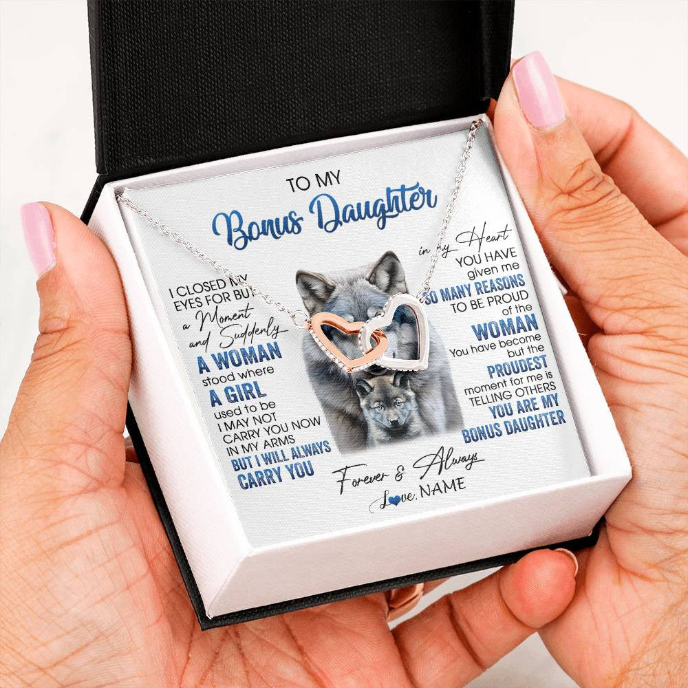 Interlocking Hearts Necklace Stainless Steel & Rose Gold Finish | 2 | Personalized To My Bonus Daughter Necklace From Stepdad Mom I Close My Eyes For But A Moment Wolf Birthday Gifts Christmas Customized Gift Box Message Card | siriusteestore