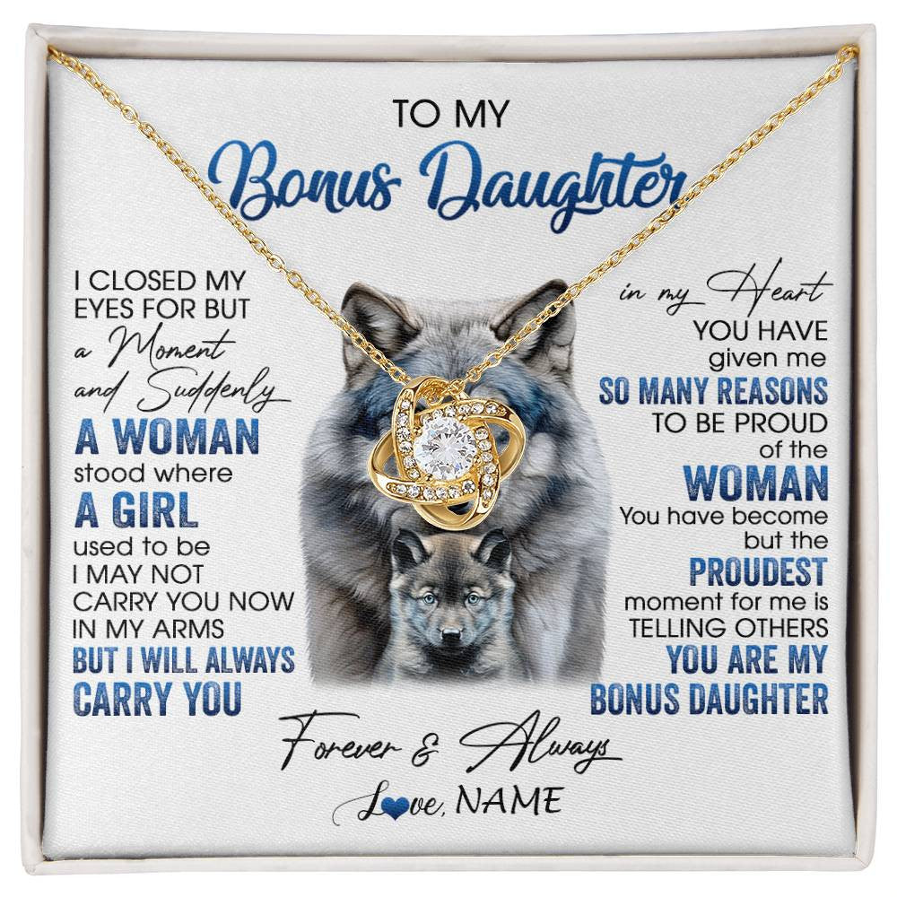 Love Knot Necklace 18K Yellow Gold Finish | 1 | Personalized To My Bonus Daughter Necklace From Stepdad Mom I Close My Eyes For But A Moment Wolf Birthday Gifts Christmas Customized Gift Box Message Card | siriusteestore