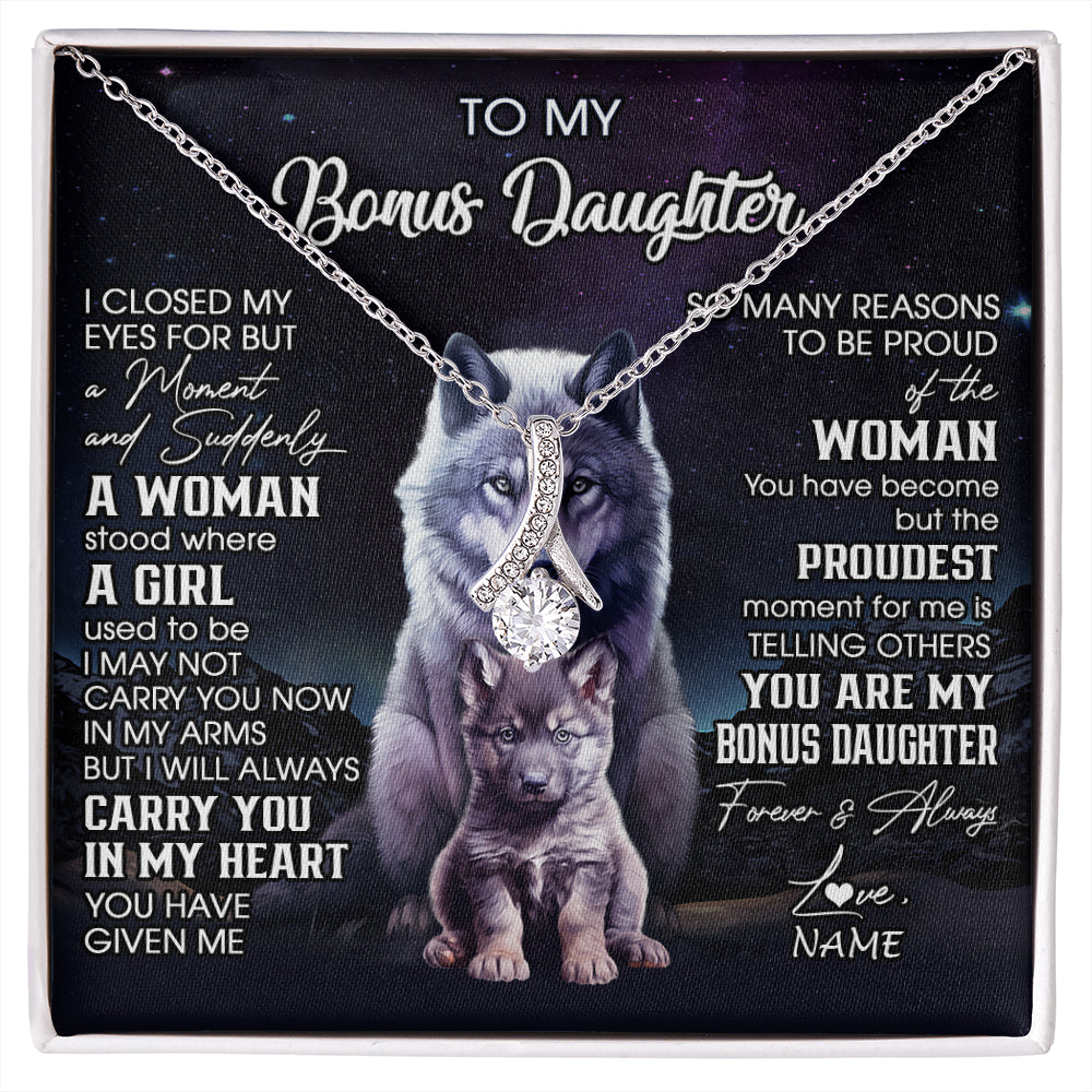 Alluring Beauty Necklace 14K White Gold Finish | 1 | Personalized To My Bonus Daughter Necklace From Stepdad Mom I Close My Eyes Wolf Birthday Gifts Jewelry Graduation Christmas Customized Gift Box Message Card | siriusteestore