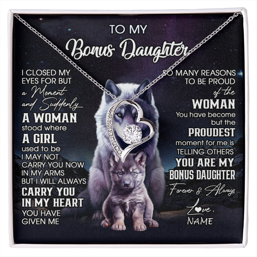 Forever Love Necklace 14K White Gold Finish | 1 | Personalized To My Bonus Daughter Necklace From Stepdad Mom I Close My Eyes Wolf Birthday Gifts Jewelry Graduation Christmas Customized Gift Box Message Card | siriusteestore