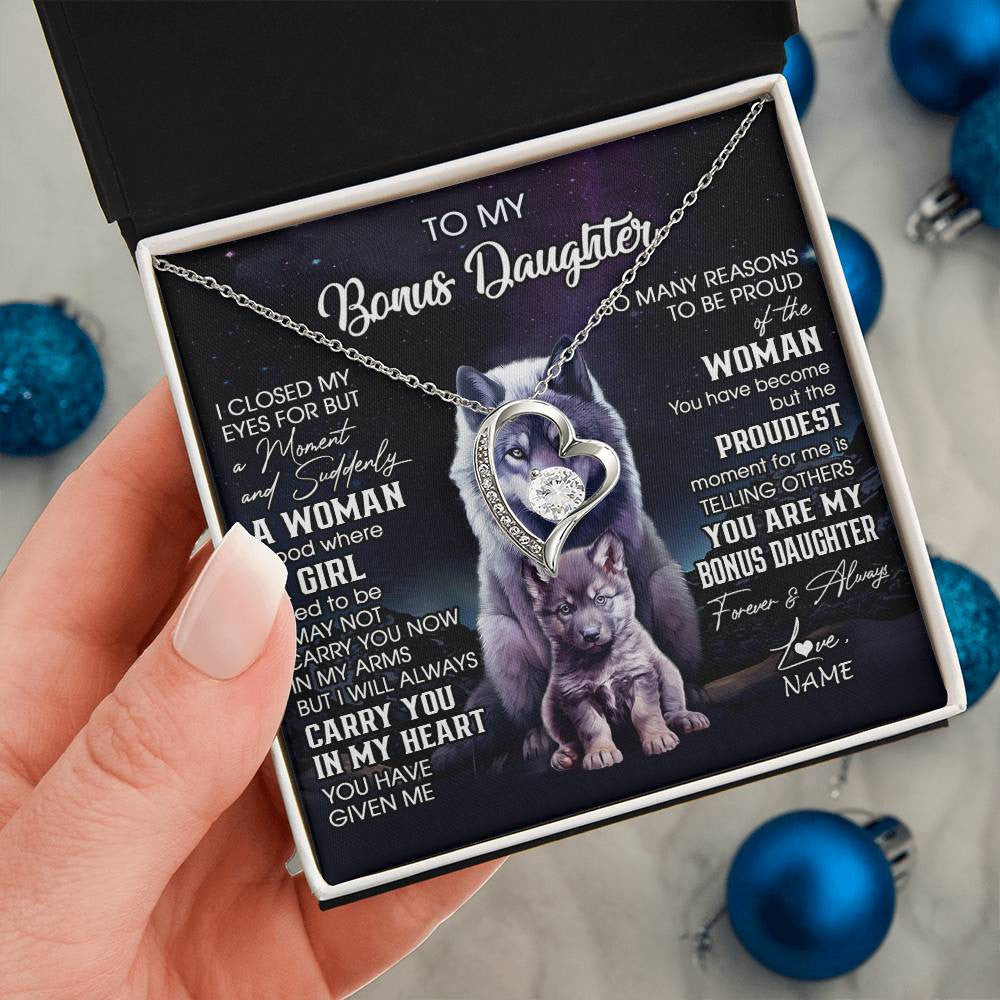 Forever Love Necklace 14K White Gold Finish | 2 | Personalized To My Bonus Daughter Necklace From Stepdad Mom I Close My Eyes Wolf Birthday Gifts Jewelry Graduation Christmas Customized Gift Box Message Card | siriusteestore