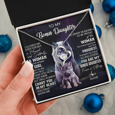 Forever Love Necklace 14K White Gold Finish | 2 | Personalized To My Bonus Daughter Necklace From Stepdad Mom I Close My Eyes Wolf Birthday Gifts Jewelry Graduation Christmas Customized Gift Box Message Card | siriusteestore