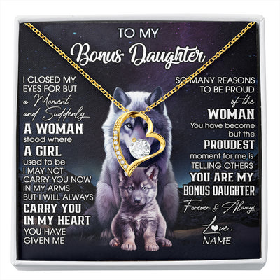 Forever Love Necklace 18K Yellow Gold Finish | 1 | Personalized To My Bonus Daughter Necklace From Stepdad Mom I Close My Eyes Wolf Birthday Gifts Jewelry Graduation Christmas Customized Gift Box Message Card | siriusteestore