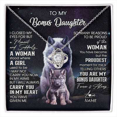 Love Knot Necklace 14K White Gold Finish | 1 | Personalized To My Bonus Daughter Necklace From Stepdad Mom I Close My Eyes Wolf Birthday Gifts Jewelry Graduation Christmas Customized Gift Box Message Card | siriusteestore