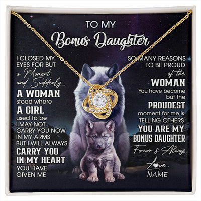 Love Knot Necklace 18K Yellow Gold Finish | 1 | Personalized To My Bonus Daughter Necklace From Stepdad Mom I Close My Eyes Wolf Birthday Gifts Jewelry Graduation Christmas Customized Gift Box Message Card | siriusteestore