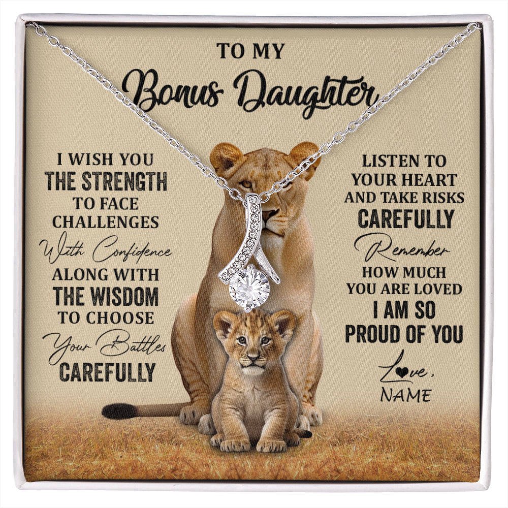 Alluring Beauty Necklace 14K White Gold Finish | 1 | Personalized To My Bonus Daughter Necklace From Stepdad Mom I Wish You The Strength Lion Stepddaughter Birthday Christmas Customized Gift Box Message Card | siriusteestore